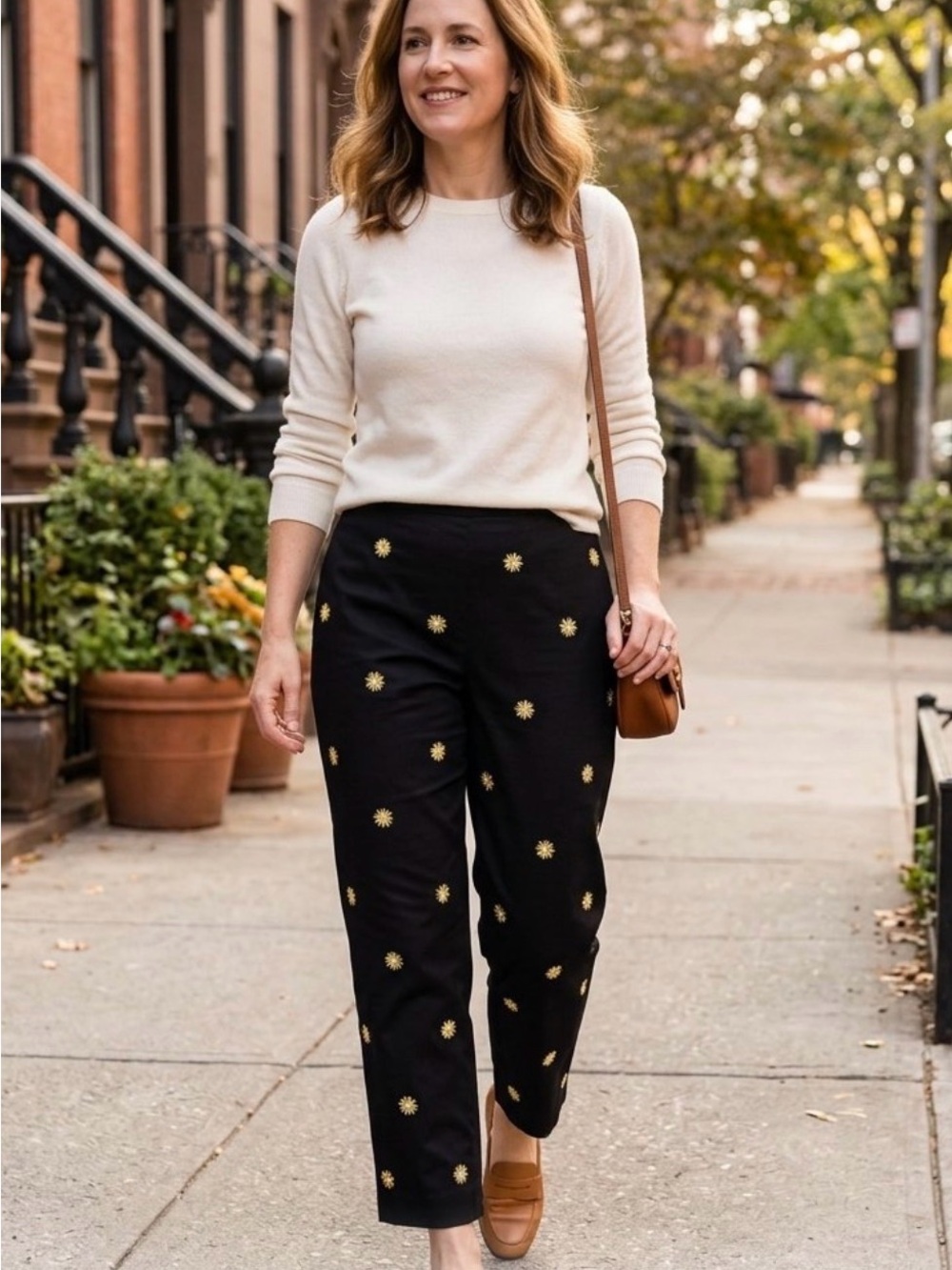 Talbots Black Straight-Leg Pants with Gold Floral Embroidery size 12